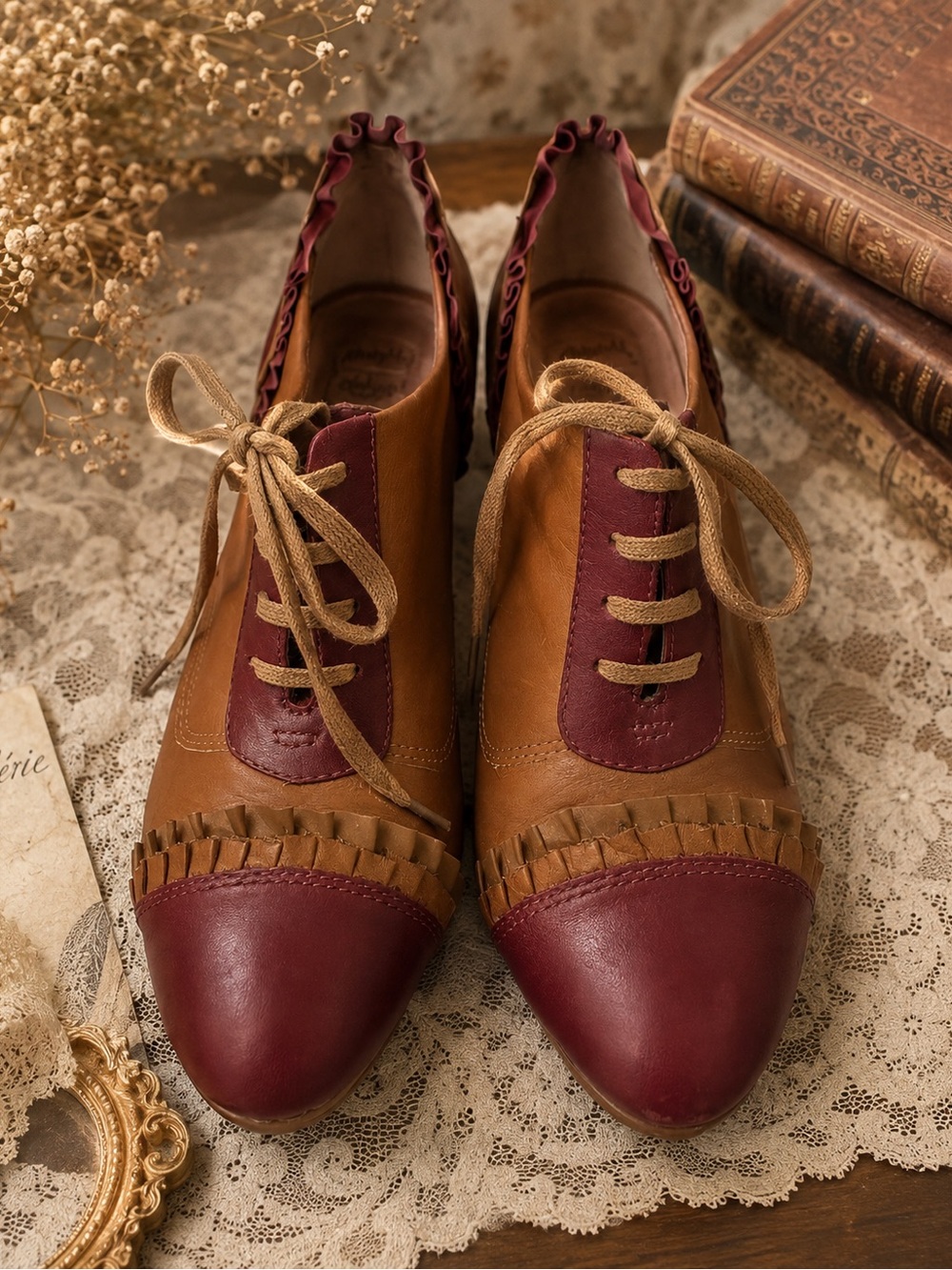 Miss Albright Anthropologie Women’s 7M Leather Oxford Heels Burgundy Tan Ruffle